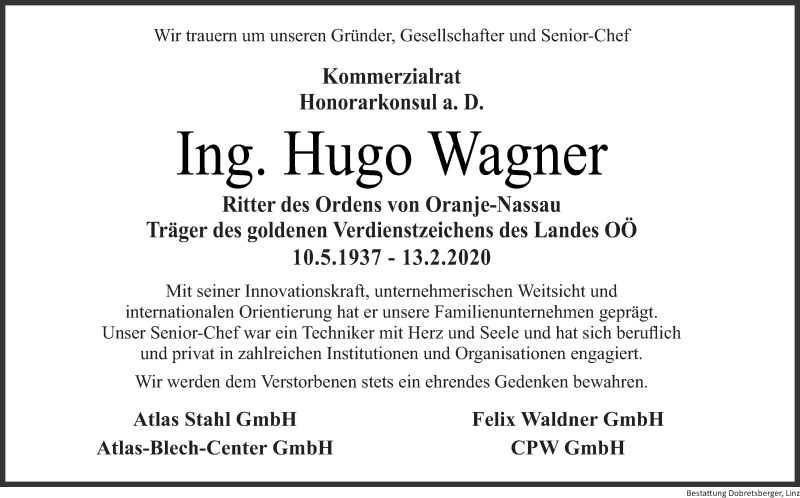  Traueranzeige für Hugo Wagner vom 26.02.2020 aus OÖNachrichten