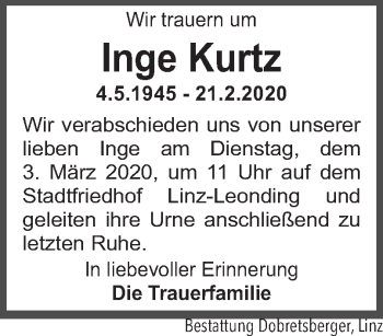 Traueranzeige von Inge Kurtz von OÖNachrichten