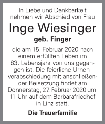 Traueranzeige von Inge Wiesinger von OÖNachrichten