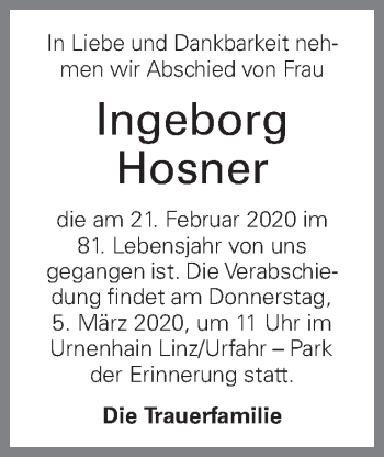 Traueranzeige von Ingeborg Hosner von OÖNachrichten