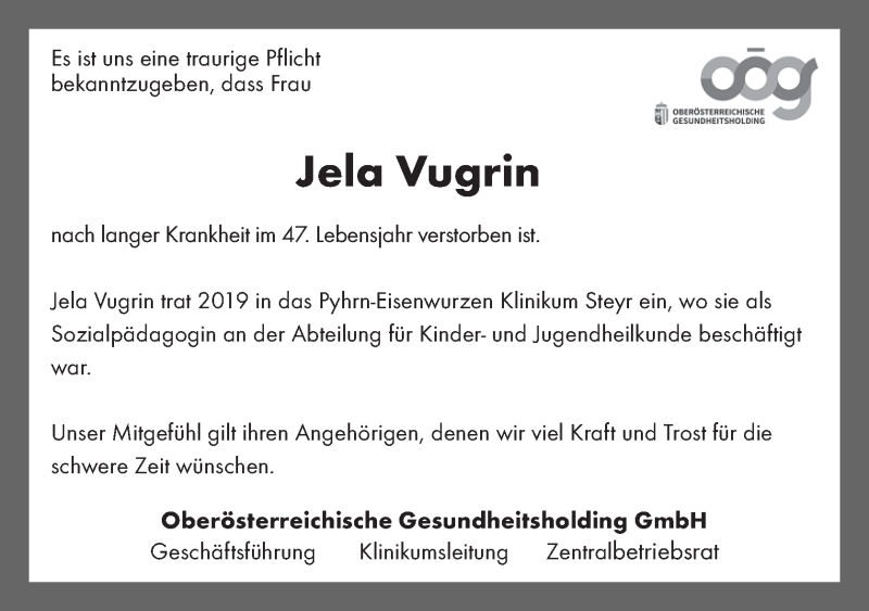  Traueranzeige für Jela Vugrin vom 23.03.2020 aus OÖNachrichten