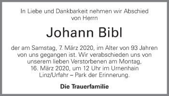 Traueranzeige von Johann Bibl von OÖNachrichten