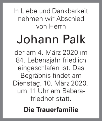 Traueranzeige von Johann Palk von OÖNachrichten