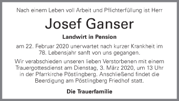 Traueranzeige von Josef Ganser von OÖNachrichten