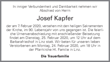 Traueranzeige von Josef Kapfer von OÖNachrichten