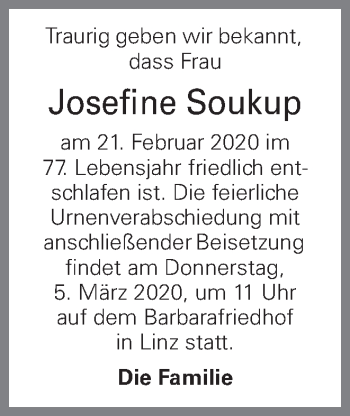 Traueranzeige von Josefine Soukup von OÖNachrichten
