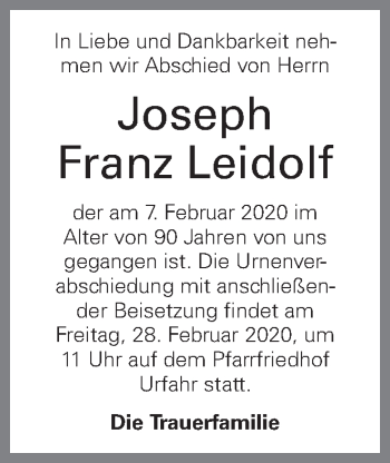 Traueranzeige von Joseph Franz Leidolf von OÖNachrichten