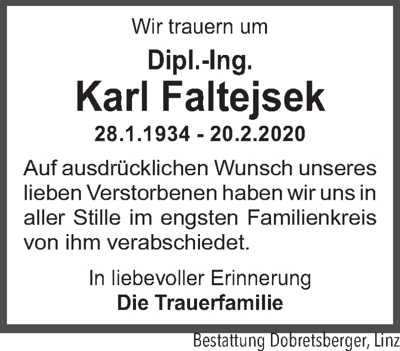  Traueranzeige für Karl Faltejsek vom 07.03.2020 aus OÖNachrichten