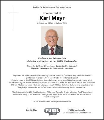 Traueranzeige von Karl Mayr von OÖNachrichten