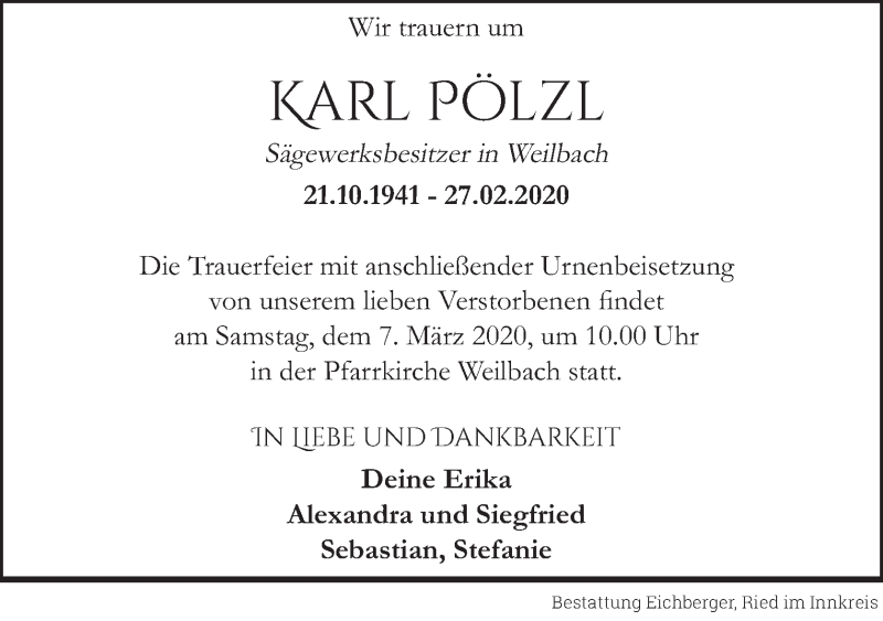  Traueranzeige für Karl Pölzl vom 05.03.2020 aus OÖNachrichten