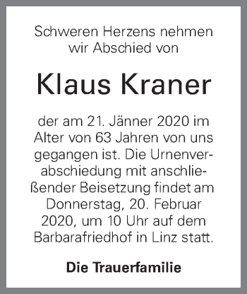 Traueranzeige von Klaus Kraner von OÖNachrichten