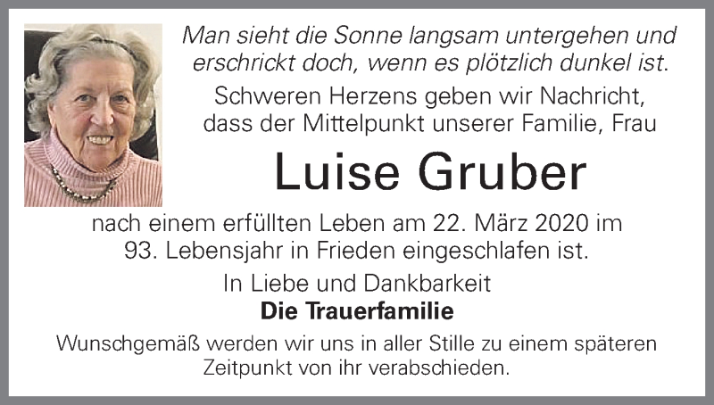  Traueranzeige für Luise Gruber vom 28.03.2020 aus OÖNachrichten