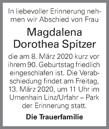 Traueranzeige von Magdalena Dorothea Spitzer von OÖNachrichten