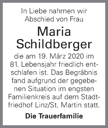 Traueranzeige von Maria Schildberger von OÖNachrichten