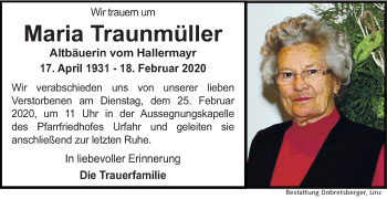 Traueranzeige von Maria Traunmüller von OÖNachrichten