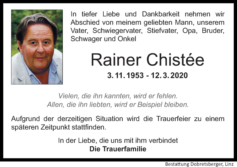  Traueranzeige für Rainer Chistée vom 21.03.2020 aus OÖNachrichten