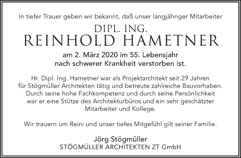  Traueranzeige für Reinhold Hametner vom 12.03.2020 aus OÖNachrichten
