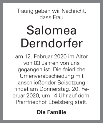 Traueranzeige von Salomea Derndorfer von OÖNachrichten