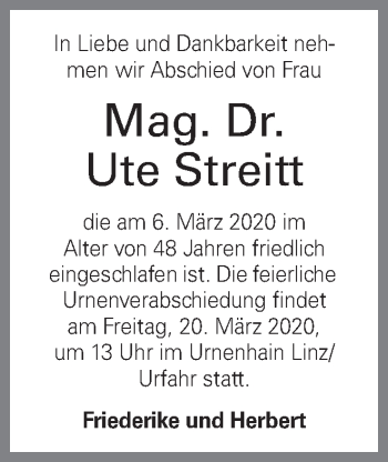 Traueranzeige von Ute Streift von OÖNachrichten