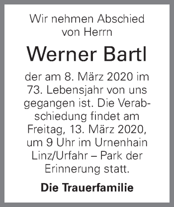 Traueranzeige von Werner Bartl von OÖNachrichten