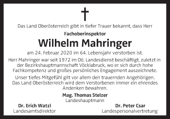 Traueranzeige von Wilhelm Mahringer von OÖNachrichten