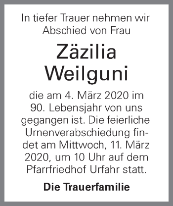 Traueranzeige von Zäzilia Weilguni von OÖNachrichten