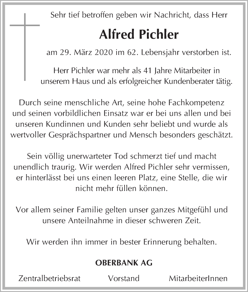  Traueranzeige für Alfred Pichler vom 01.04.2020 aus OÖNachrichten