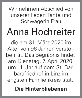Traueranzeige von Anna Hochreiter von OÖNachrichten