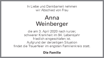 Traueranzeige von Anna Weinberger von OÖNachrichten