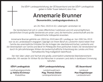Traueranzeige von Annemarie Brunner von OÖNachrichten