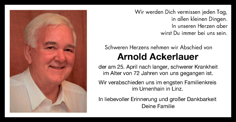  Traueranzeige für Arnold Ackerlauer vom 28.04.2020 aus OÖNachrichten