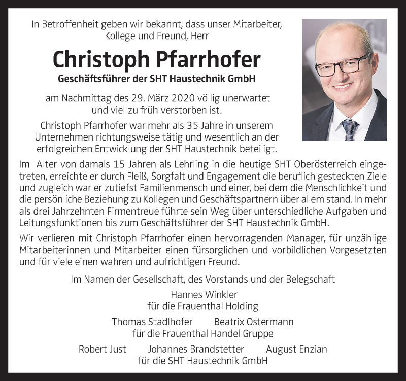  Traueranzeige für Christoph Pfarrhofer vom 02.04.2020 aus OÖNachrichten
