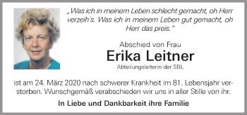 Traueranzeige von Erika Leitner von OÖNachrichten