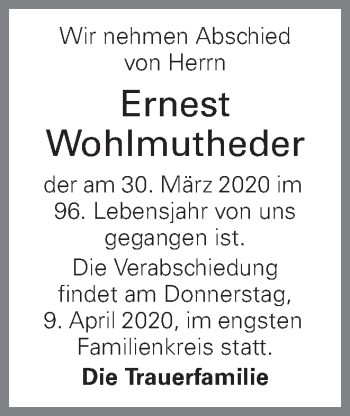 Traueranzeige von Ernest Wohlmutheder von OÖNachrichten