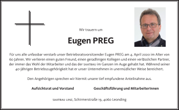 Traueranzeige von Eugen Preg von OÖNachrichten