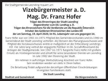 Traueranzeige von Franz Hofer von OÖNachrichten