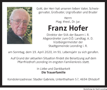 Traueranzeige von Franz Hofer von OÖNachrichten