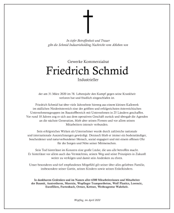 Traueranzeige von Friedrich Schmid von OÖNachrichten