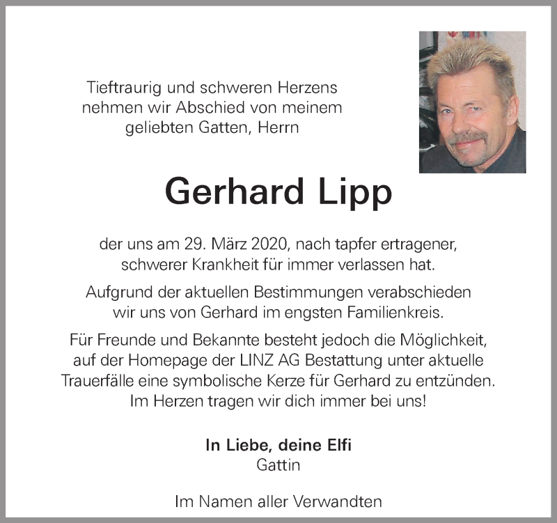  Traueranzeige für Gerhard Lipp vom 02.04.2020 aus OÖNachrichten