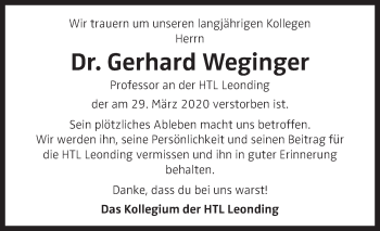 Traueranzeige von Gerhard Weginger von OÖNachrichten