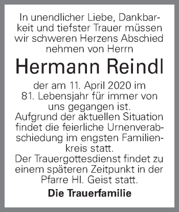 Traueranzeige von Hermann Reindl von OÖNachrichten