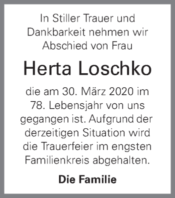 Traueranzeige von Herta Loschko von OÖNachrichten