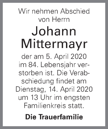 Traueranzeige von Johann Mittermayr von OÖNachrichten