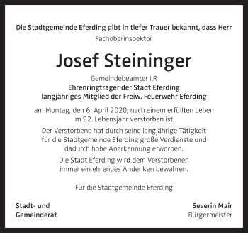 Traueranzeige von Josef Steininger von OÖNachrichten