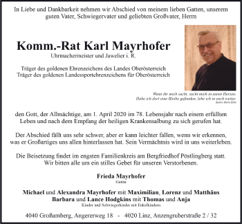 Traueranzeige von Karl Mayerhofer von OÖNachrichten