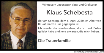 Traueranzeige von Klaus Schebesta von OÖNachrichten