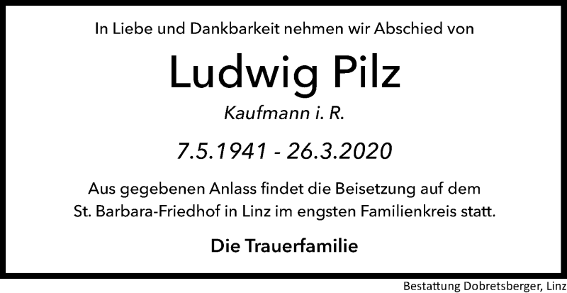 Traueranzeige für Ludwig Pilz vom 02.04.2020 aus OÖNachrichten