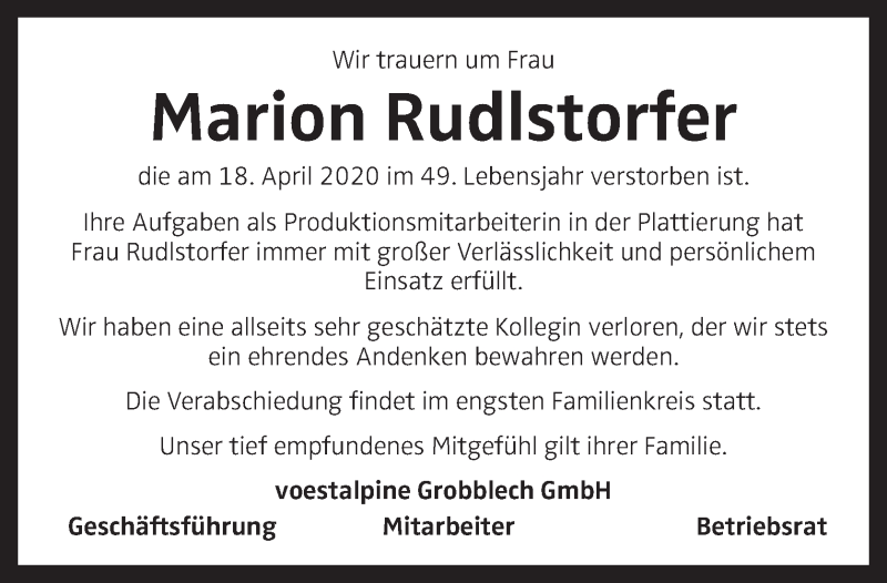  Traueranzeige für Marion Rudlstorfer vom 23.04.2020 aus OÖNachrichten