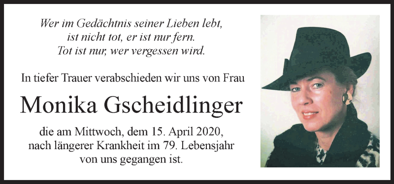  Traueranzeige für Monika Gscheidlinger vom 25.04.2020 aus OÖNachrichten