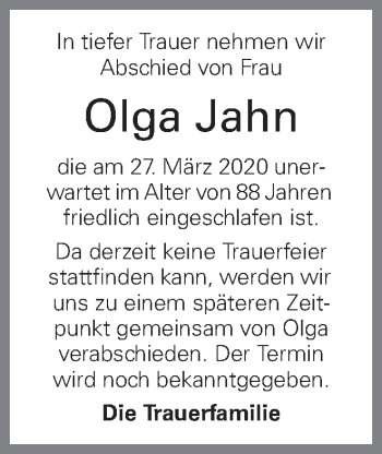 Traueranzeige von Olga Jahn von OÖNachrichten
